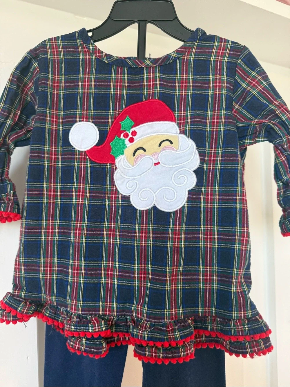 Girls' Navy Plaid Santa Applique Holiday Top